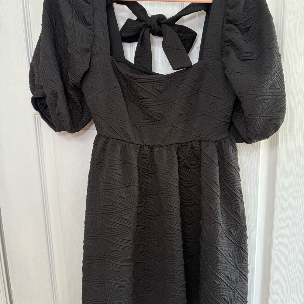 Free People Black Square Neck Puff Sleeve Mini Dress